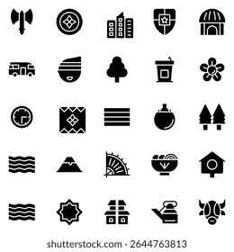 Collection of Basic Indonesia Related Vector Solid Icons. Contains Icons like Animal, Bird, Building, Money and more. Editable stroke. 48x48 pixels