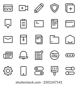 Collection of Basic Interface Element Related Vector Line Icons. Contains Icons like Edit, Shield, Coding, Chat and more. Editable stroke. 48x48 pixels