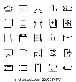 Collection of Basic Interface Related Vector Line Icons. Contains Icons like Smartphone, Crown, Email, Delete and more. Editable stroke. 48x48 pixels