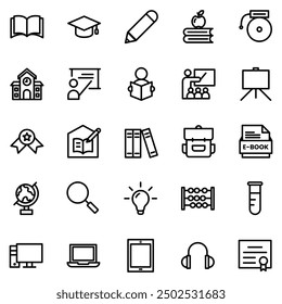 Collection of Basic Interface Related Vector Line Icons. Contains Icons like Open Book, Graduation Cap, Idea, Laptop and more. Editable stroke. 48x48 pixels