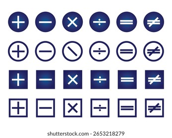 Coleção de símbolos matemáticos básicos de operação incluindo adição menos divisão igual e diferente