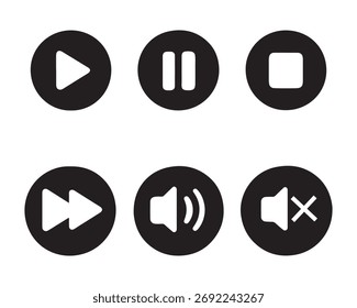 Collection of basic media player controls with a monochrome aesthetic.