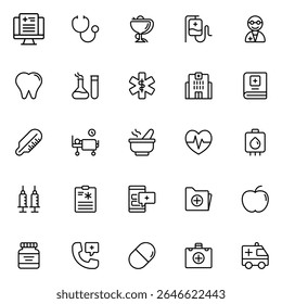Collection of Basic Medicare Related Vector Line Icons. Contains Icons like Ambulance, Doctor, Hospital, Medicine and more. Editable stroke. 48x48 pixels