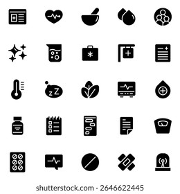 Collection of Basic Medicare Related Vector Solid Icons. Contains Icons like Ambulance, Doctor, Hospital, Medicine and more. Editable stroke. 48x48 pixels