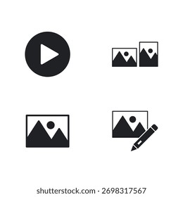 Uma coleção de mídia de foto básica e elementos UX de interface do usuário em estilo sólido.