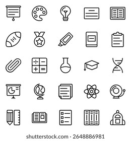 Collection of Basic School Related Vector Line Icons. Contains Icons like Bag, Bell, Biology, Board and more. Editable stroke. 48x48 pixels