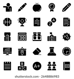 Collection of Basic School Related Vector Solid Icons. Contains Icons like Bag, Bell, Biology, Board and more. Editable stroke. 48x48 pixels