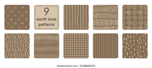 Collection of basic seamless hand drawn textures in earth tones. Casual beige and brown repeat patterns set.