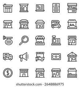 Colección de Básicos iconos de líneas de Vector relacionados con negocios Pequeños. Contiene iconos como café, barbero, lácteos, gimnasio y más. Trazo editable. 48x48 píxeles