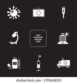 Collection of basic solid virus icons. Hospital, thermometer, virus, medicine bug, microscope, vaccine and ambulance icon. Black background.