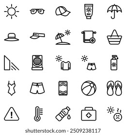 Collection of Basic Sun Protection Related Vector Line Icons. Contains Icons like Sun, Hat, Sunscreen, Umbrella and more. Editable stroke. 48x48 pixels