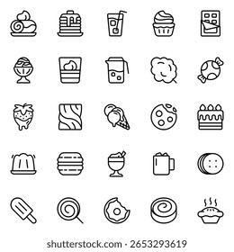 Collection of Basic Sweet Dessert Related Vector Line Icons. Contains Icons like Biscuit, Cake, Candy, Cocoa and more. Editable stroke. 48x48 pixels