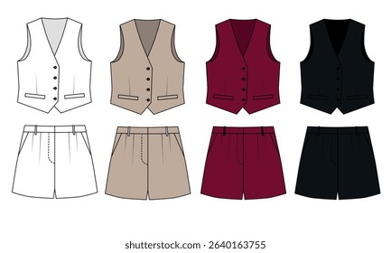 Collection of basic vest and shorts, white, beige, red, black colors. Template of summer vest and shorts with pockets, vector. Model of fashionable women's vest and short shorts.