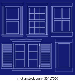 Collection of basic windows in blueprint vector style