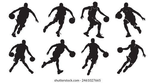 Collection of basket ball players silhouette isolated on white