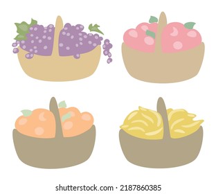 Collection. Basket With Ripe Bunches Of Grapes, Apples, Oranges, Bananas. Image For Decor, Posters, Stickers, Logo. Set Of Vector Illustrations.