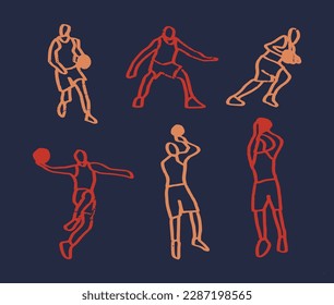 Collection of basketball designs in grunge style, sketch, engraving. Hand drawing. Vector set of Basketball players silhouettes. Basketball silhouettes