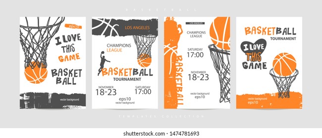 Collection of basketball designs on a white background, grunge style, sketch, lettering. Hand drawing. Sports print, cover, slogan, template, sports covers, basketball hoop. EPS file is layered.
