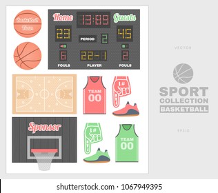 Collection of basketball equipment. Ball, game plan, score, sports form. Good for creating sports sites and posters.
