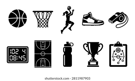 Collection of basketball game elements icons set includes basketball, hoop, female player in action, sneaker, whistle, scoreboard, court, water bottle, trophy, and coach clipboard with strategy. Simple black and white vector design representing various aspects of basketball.