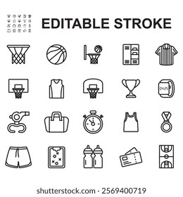 Collection of basketball icons. Thin line vector. Contains icons such as basketball hoop, basketball, medal and more.