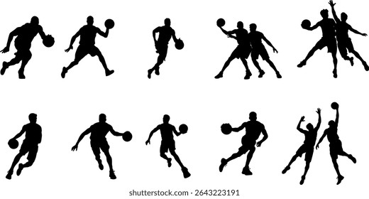 Collection of basketball player silhouettes in action-packed poses—dribbling, jumping, defending, and dunking. Perfect for sports graphics, posters, and motion concepts.