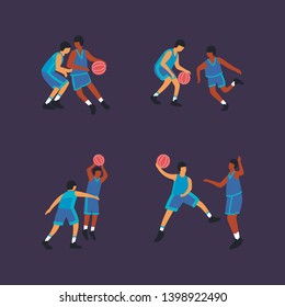 A collection of basketball players isolated on a background. Colorful flat vector illustration.