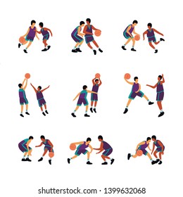 A collection of basketball players isolated on a background. Colorful flat vector illustration.