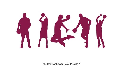 Collection of basketball players silhouette vector designs capturing athletic movements, perfect for sports posters, team branding, and fitness graphic materials