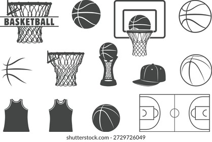 Coleção de jogo de basquete no fundo branco, vetores de argola, silhueta de basquete, vetor de basquete, pacote de basquete.