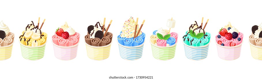 Collection of baskets of colorful stir fried ice cream rolls. Seamless horizontal background. Design template for promo, menu, flyer. Vector illustration cartoon flat icon set on white.