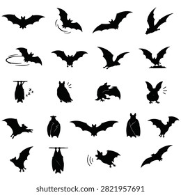 Collection of bat icons in different positions. Spooky flying animal silhouettes for decoration. Nocturnal creatures.