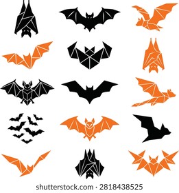 A collection of bat illustrations in various origami styles, predominantly black and orange, against a white background, perfect for Halloween-themed designs.