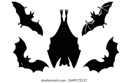 Collection of bat silhouettes including flying, hanging and resting. Bold black shapes on a white background, ideal for Halloween decorations, spooky designs, logos, and creative graphic projects.