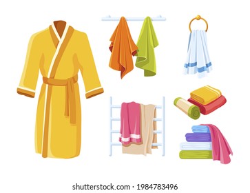 Collection of bathroom accessories towels and bathrobe. Set of hanging and folding personal hygiene everyday body care tools. Colorful textile wipers ready for drying after washing vector illustration