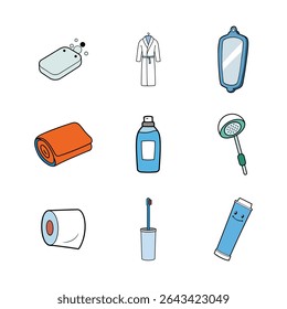 A collection of bathroom essentials are displayed including soap, a robe, a mirror, a towel, shampoo, a shower head, toilet paper, a toothbrush, and toothpaste isolated on a white background. Perfect 