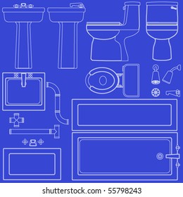 Collection of bathroom fixtures in various views in blueprint form