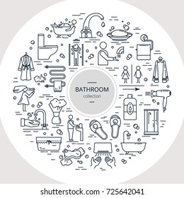 Collection of bathroom icons. Isolated vector illustration of a blue color on a white background. Thin line design.