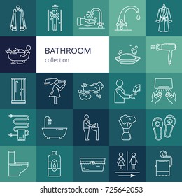 Collection of bathroom icons. Isolated vector illustration of a white color on a blue background. Thin line design.