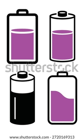 Collection of battery charging illustrations featuring purple liquid level indicators and power status symbols for UI design.