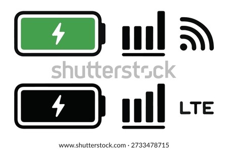 Collection of battery charging states with wireless signal bars and lte connectivity symbols for mobile screens