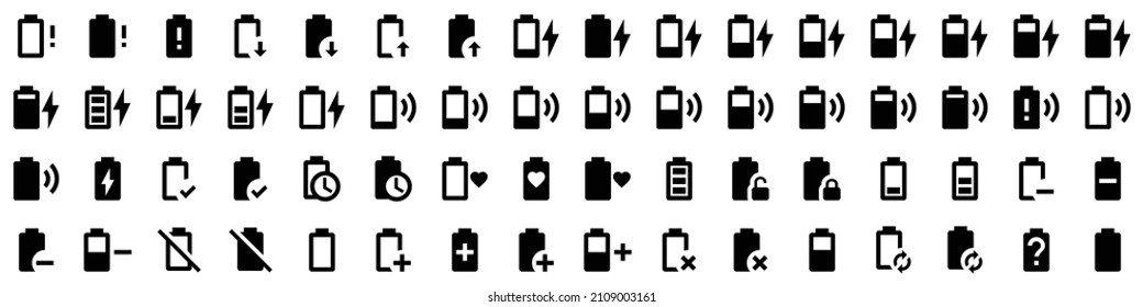 Colección de iconos de la batería. Conjunto de iconos plano negro aislado en fondo blanco
