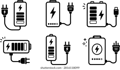 Collection of battery icons connected to various power sources and charging states