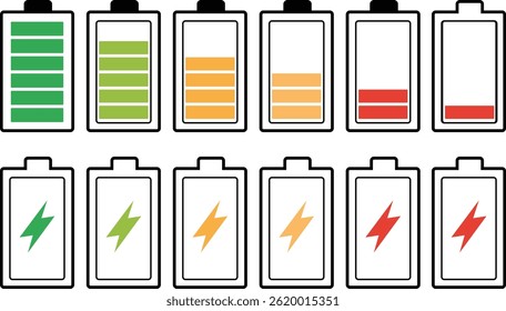 Una colección de iconos de la batería en un fondo blanco de diseño de Vector plano