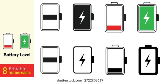 Collection of Battery Level Icons with Different Charge Indicators and Charging Status Symbols for UI and UX Design Vector Assets

This professional vector collection features a comprehensive set of battery level icons, meticulously designed to represent various states of electrical charge. The icons range from low-power red indicators and full-charge green fills to intermediate levels and charging states marked by the universal lightning bolt symbol. Presented in a variety of styles—including clean outlines, solid fills, and stylized rectangular forms—these icons are perfect for mobile applications, software dashboards, and electronic device interfaces. The set provides both color-coded and monochrome versions, offering designers a versatile toolkit for communicating energy consumption and battery life intuitively. As high-quality editable vector assets, they ensure perfect scalability and easy integration into any digital or print project focused on technology and power management.

Key Features include
Dynamic Status Indicators Covers the full spectrum of battery states: empty, low (red), partial, full (green), and active charging (lightning bolt).

Color-Coded Logic Uses standard red, green, and black fills to provide instant visual feedback on power status.

Modern UI Aesthetic Clean, minimalist designs with rounded terminals that fit seamlessly into contemporary web and app interfaces.

Professional Vector Quality Fully scalable and editable EPS file, allowing for easy adjustment of colors, stroke weight, and size without loss of detail.