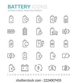 Collection of battery related outline icons. 48x48 Pixel Perfect. Editable stroke