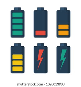 Collection battery. Set of batteries with different levels of charge. Energy power. Vector illustration flat design. Isolated on white background. Accumulator electrica. Charging of capacitive devices