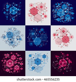 Collection of Bauhaus retro wallpapers, art vector backgrounds made using hexagons and circles. Geometric graphic 1960s illustrations can be used as booklets cover design.
