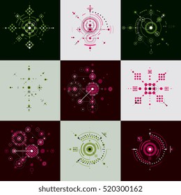 Collection of Bauhaus retro wallpapers, art vector background made using lines and circles. Geometric graphic 1960s illustration can be used as booklet cover design. Technological pattern.