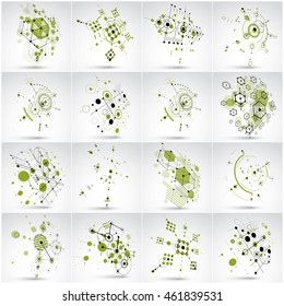 Collection of Bauhaus retro wallpapers, perspective art vector backgrounds made using hexagons and circles. Geometric graphic 1960s illustrations can be used as booklets cover design.
